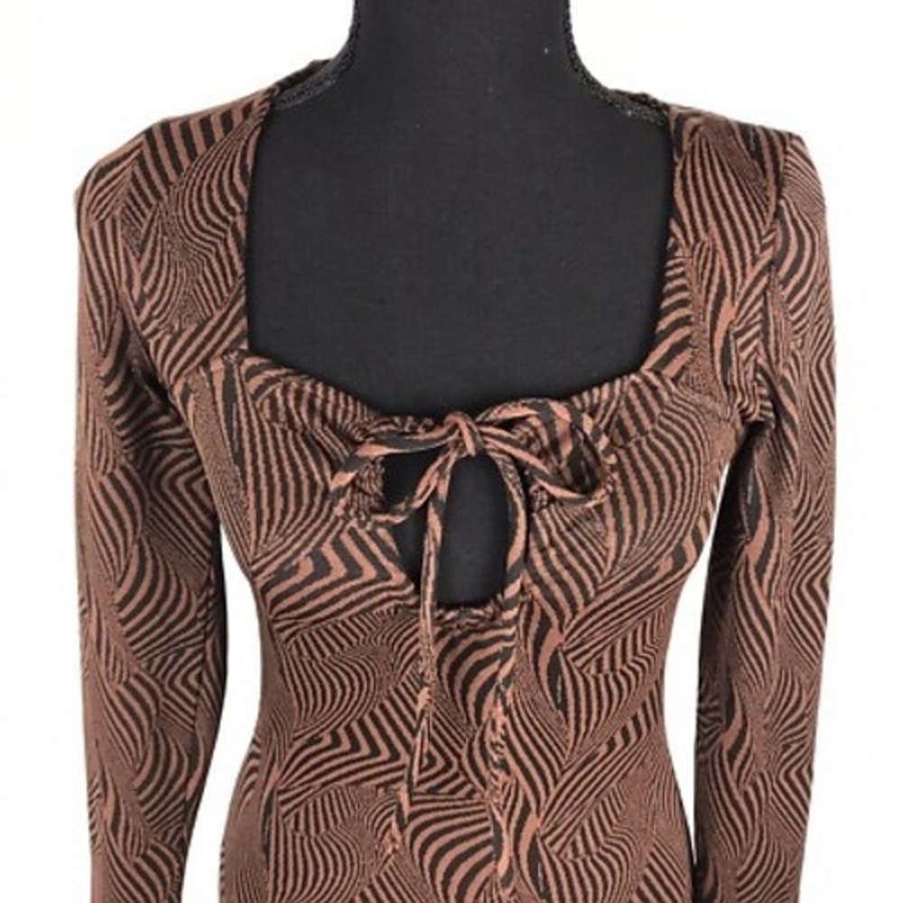Zara Brown Black Animal Wavy Print Keyhole Tie Front Long Sleeve Mini Dress M